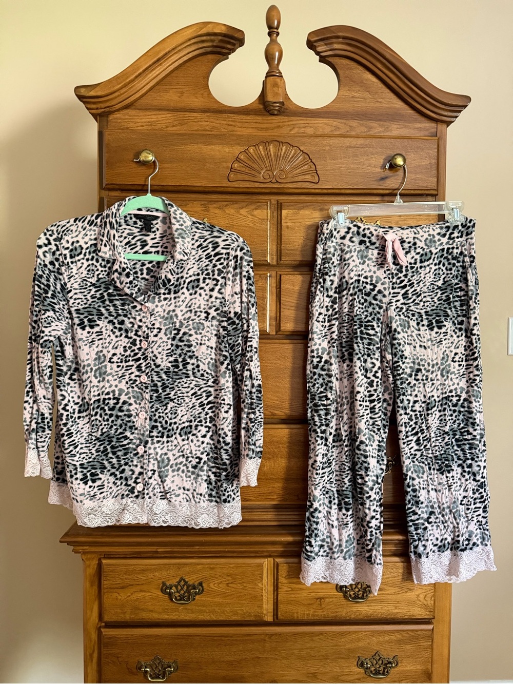 Cool Nights Pink Leopard-Print Pajama Set with Lace Trim